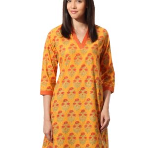 Fabindia Women Printed Mustard Kurta