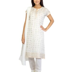 Vishudh Women Cream-Coloured Printed Churidar Kurta with Dupatta