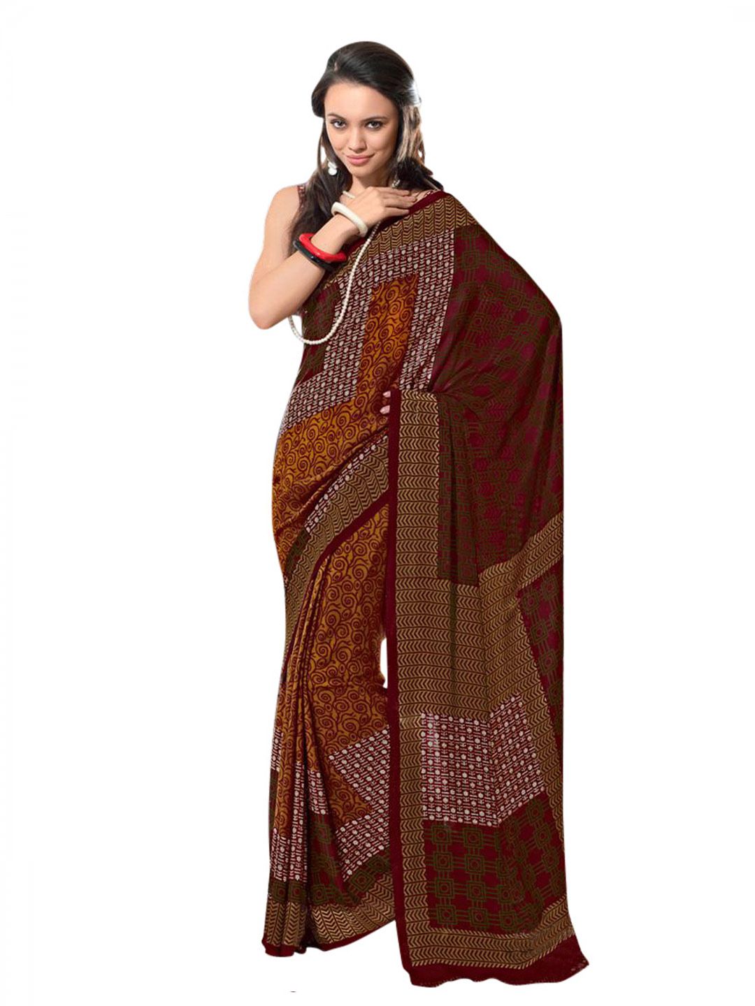 Prafful Mustard & Maroon Sari