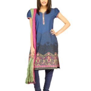 Biba Women Blue Printed Churidar Kurta with Dupatta