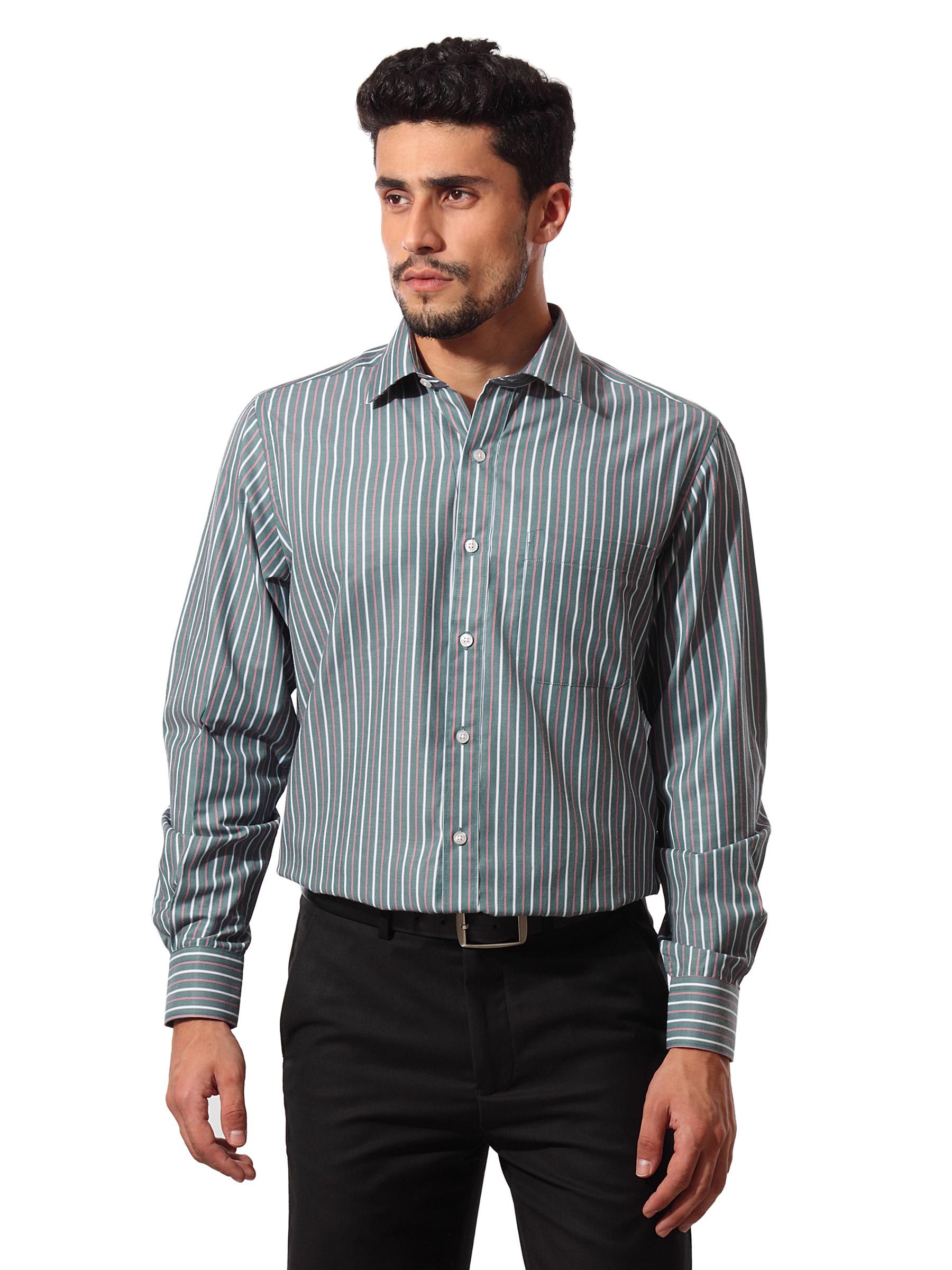 John Players Men Striped Grey Green Shirt