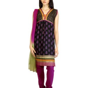Vishudh Women Black & Purple Printed Churidar Kurta with Dupatta
