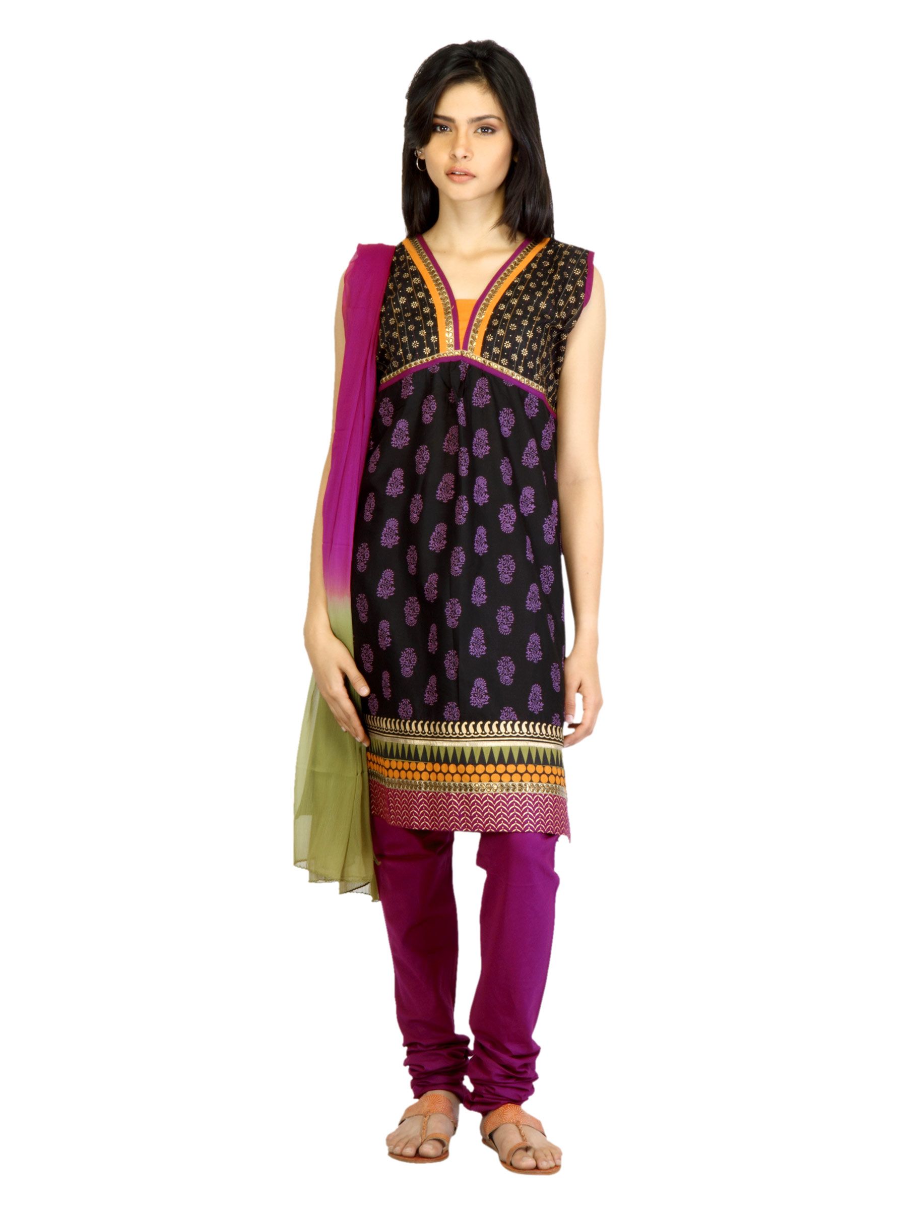 Vishudh Women Black & Purple Printed Churidar Kurta with Dupatta