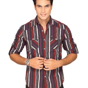 Locomotive Men Black Maroon Purple Stripe Shirt