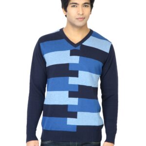 John Players Men Stripes Navy Blue Sweater