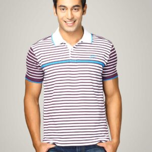 Proline Men White & Purple Striped Polo T-shirt