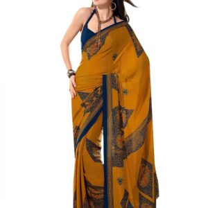 Prafful Mustard & Navy Blue Crepe Sari