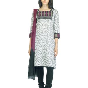 Vishudh Women White and Black Churidar Kurta with Dupatta