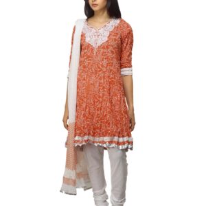 Biba Women Orange & White Printed Churidar Kurta with Dupatta