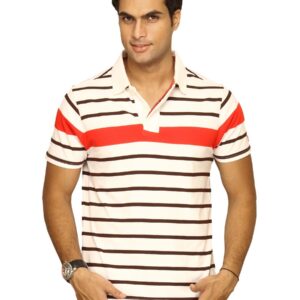 Basics Men White & Red Striped Polo T-shirt