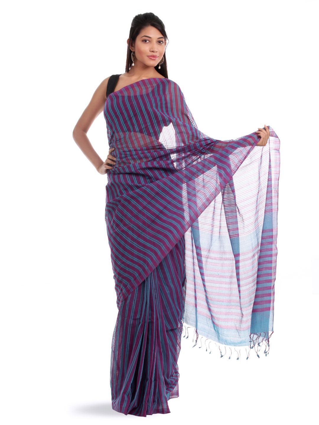 Fabindia Purple & Blue Striped Saree