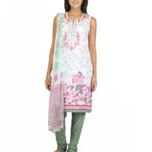 Biba Outlet Women White & Green Printed Churidar Kurta with Dupatta